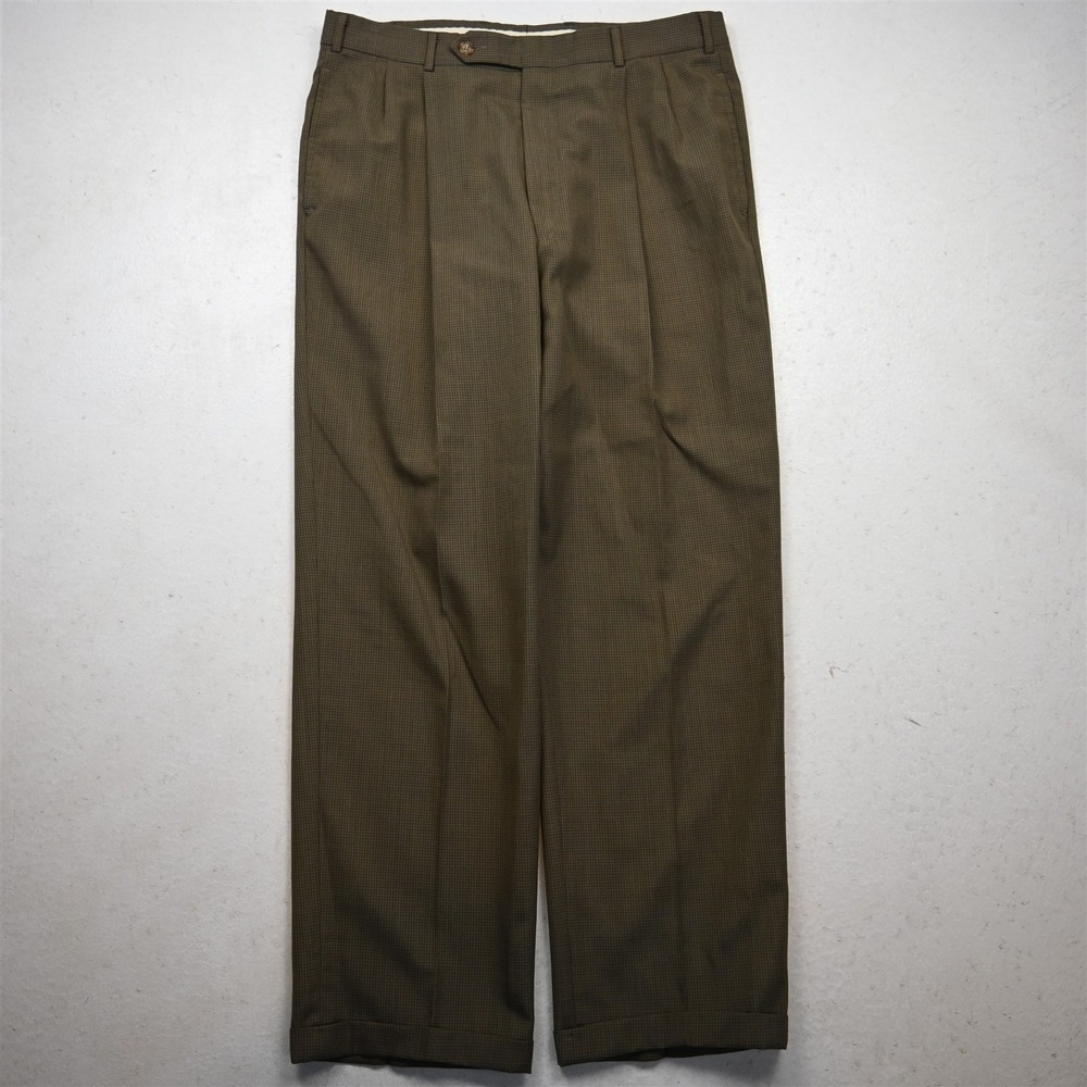 Vtg Bespoke 33x32 Brown Check Wool Pleated Cuffed Baggy Dress Mens Pants